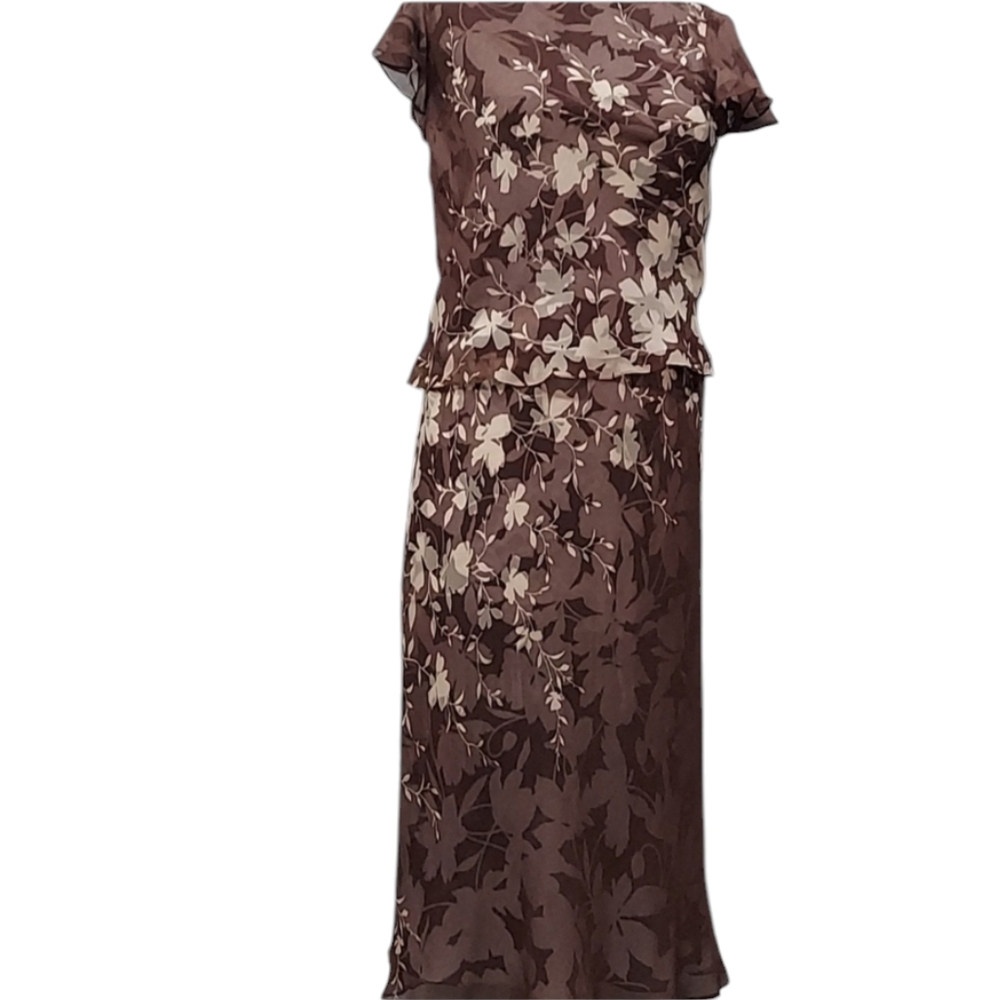 Adrianna papell 100% silk shell shirt and skirt set brown and cream floral Sz 6